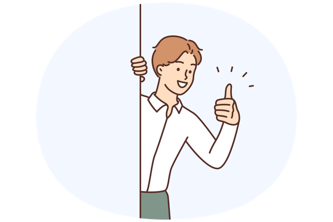 Man in shirt smiles and gives thumbs up to show approval of proposed plan to achieve business goals  Illustration