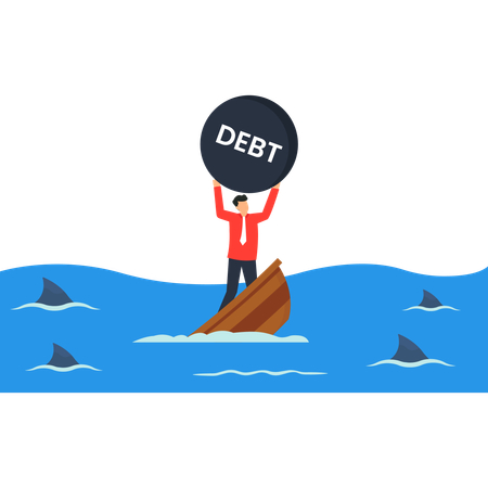 Man in Sinking Boat with Debt Ball Surrounded by Sharks Financial Crisis  Illustration