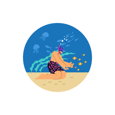 Man in snorkeling mask underwater explores marine fauna  Illustration