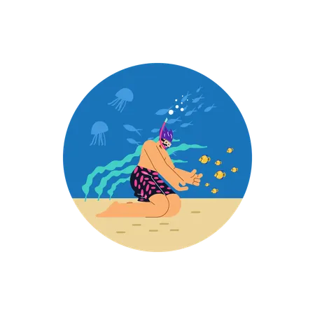 Man in snorkeling mask underwater explores marine fauna  Illustration