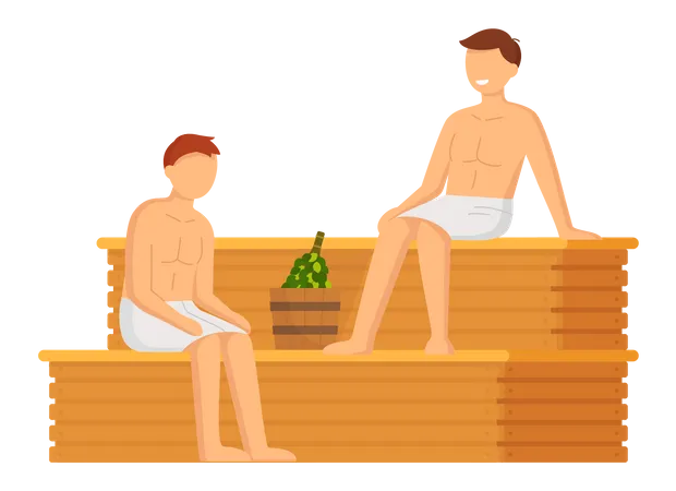 Man In White Towel Rest On Wooden Bench At Hot Steam Sauna Relaxing And Wellness In Finnish Russian Bath Or Spa Center Heat Therapy Relaxation And Health Care Bathing Character Wellness Procedure 일러스트레이션