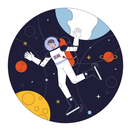 Astronaut In Space Flat Line Concept Vector Spot Illustration Man In Space Suit Among Planets 2 D Cartoon Outline Character On White For Web UI Design Editable Isolated Color Hero Image Illustration