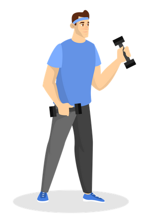 Man in sport clothes standing and holding dumbbell  Illustration