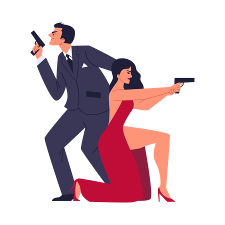 スーツを着た男性と赤いドレスを着た美しい女性が銃を発射する準備をしている  イラスト
