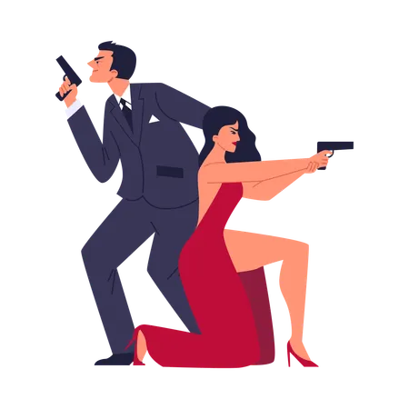 スーツを着た男性と赤いドレスを着た美しい女性が銃を発射する準備をしている  イラスト