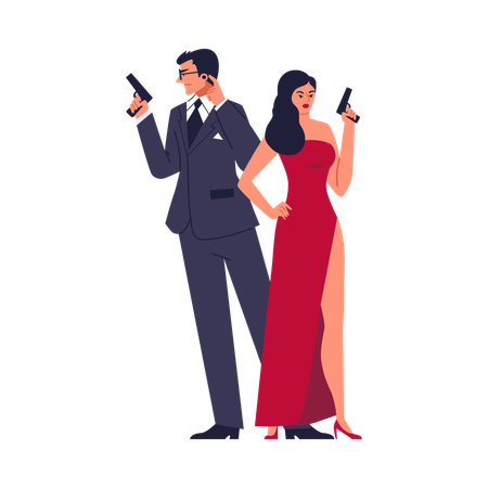 スーツを着た男性と赤いドレスを着たスタイリッシュな女性が銃を持って立っている  イラスト