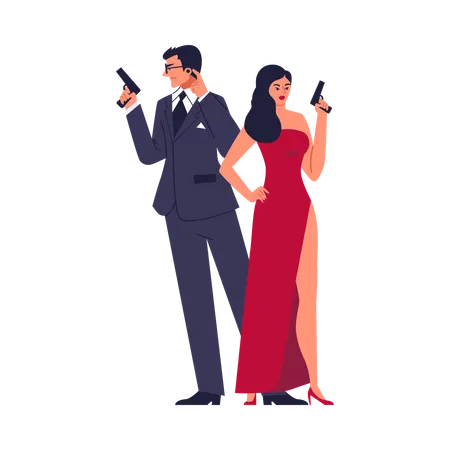 スーツを着た男性と赤いドレスを着たスタイリッシュな女性が銃を持って立っている  イラスト
