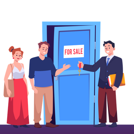 Man in suit giving house key to smiling young couple  Illustration