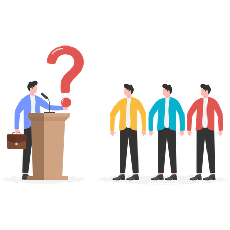 Man in suit standing at podium with big question mark about his head  Illustration