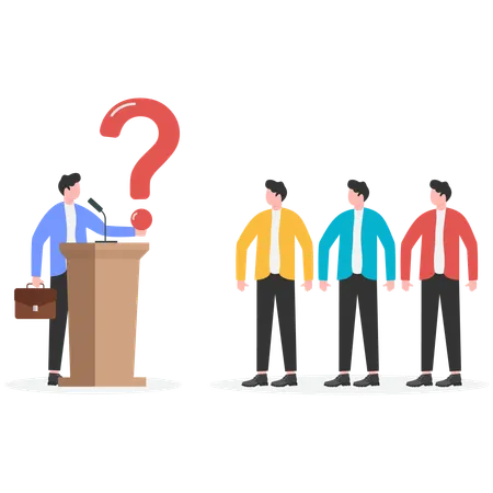 Man in suit standing at podium with big question mark about his head  Illustration