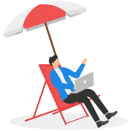 Man in suit working on laptop at the beach  Illustration