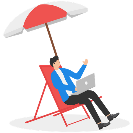 Man in suit working on laptop at the beach  Illustration