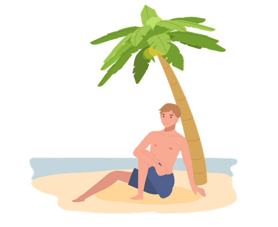 Man in swim suit sitting on the beach  일러스트레이션