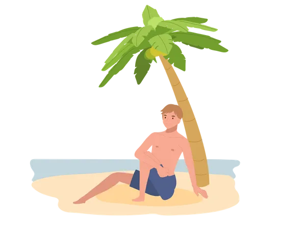 Summer Beach Vacation Theme A Happy Smiling Man In Swim Suit Sitting On The Beach Flat Vector Illustration Illustration