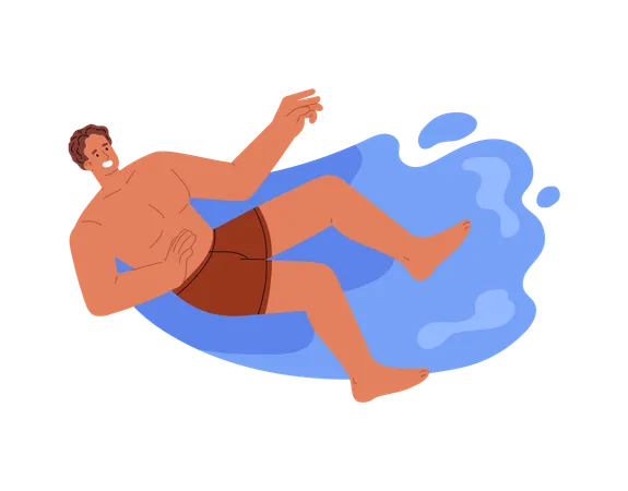 Man in swimwear splashing in water while riding water slide in water park  Illustration