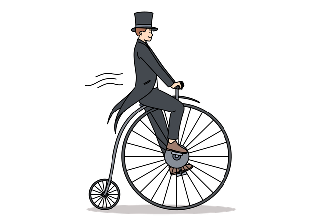 Man in tailcoat rides vintage penny farthing bicycle imagining time travel to last century  Illustration