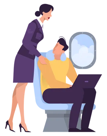 Man In The Airplane Business Class Sitting At The Window Passenger And Stewardess Idea Of Travel And Aviation Isolated Flat Vector Illustration Illustration