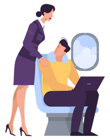 Man in the airplane business class sitting at the window  Illustration