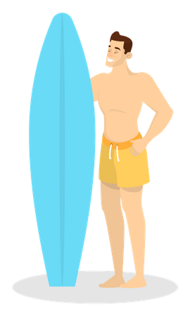 Man in the swimming suit standing and holding surfing board  Illustration