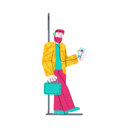 Man in train listening music  Illustration