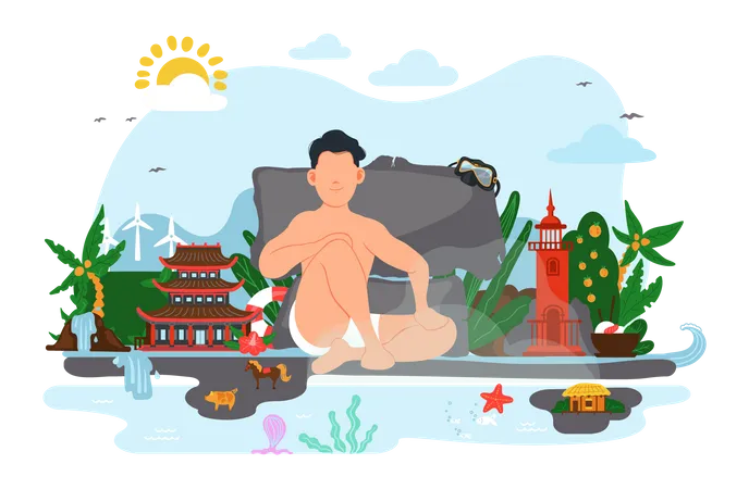 Man in underpants is having rest on exotic beach of Jeju island Illustration