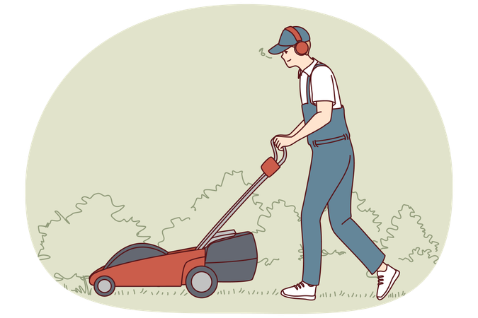 Man in uniform with lawn mower  Illustration