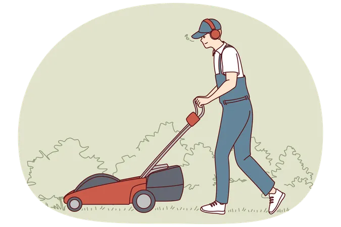 Man in uniform with lawn mower  Illustration