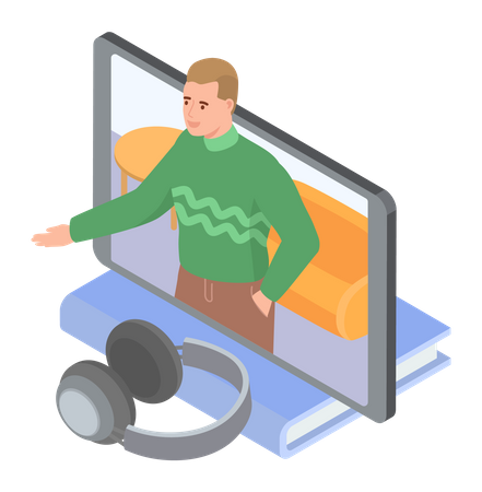 Man in video conference in computer  Illustration