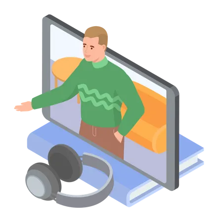 Man in video conference in computer  Illustration