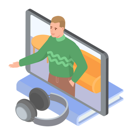 Man in video conference in computer Illustration