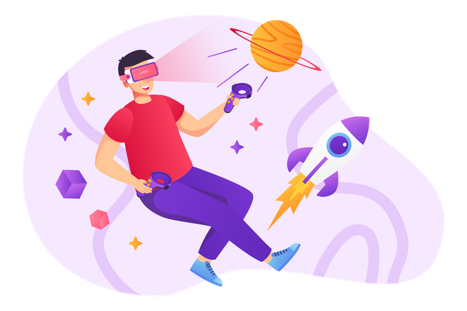 Man in VR glasses and playing VR game Illustration