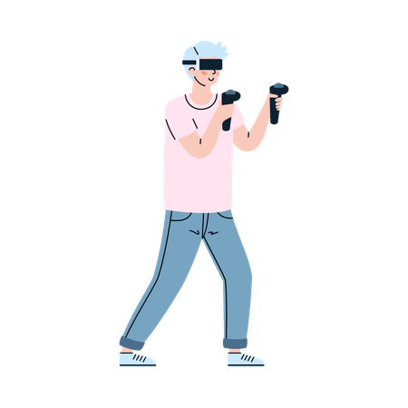 Man in VR glasses holding game controllers Illustration