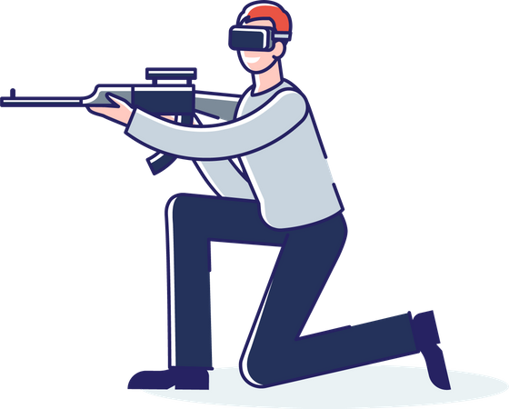 Man in vr glasses shoot from gun in augmented reality game. Virtual reality technology for gaming  Illustration