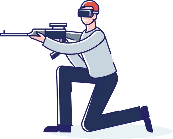 Man in vr glasses shoot from gun in augmented reality game. Virtual reality technology for gaming  Illustration