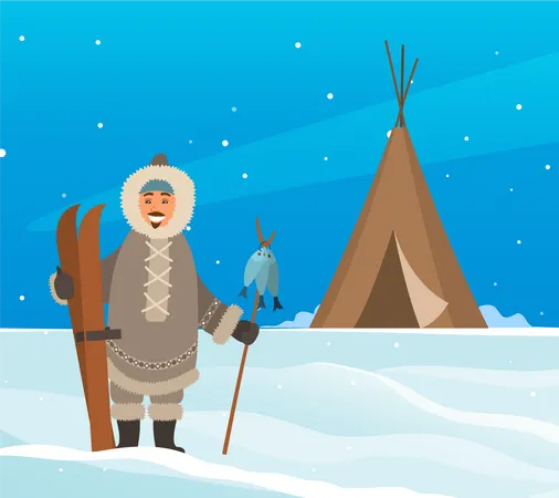 Man in warm clothes Near Igloo  Illustration