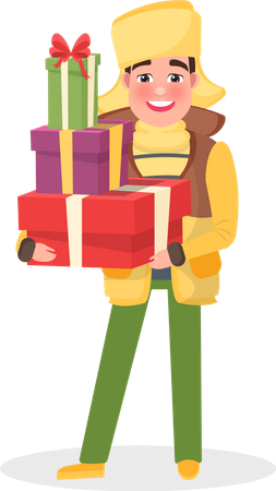 Man in Warm Winter Cloth with Christmas Presents  Illustration