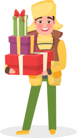 Man in Warm Winter Cloth with Christmas Presents  Illustration