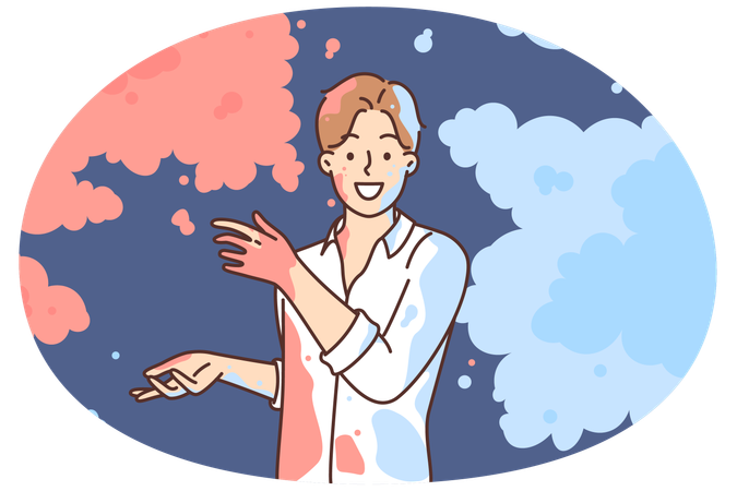 Man in white shirt scatters multi-colored powder on sides wanting to share bright emotions  Illustration