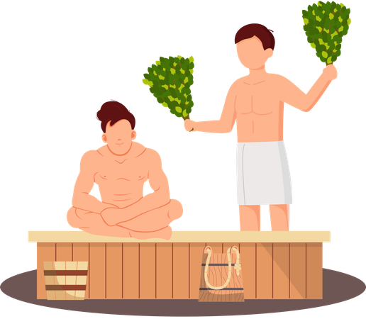 Man in white towel rest on wooden bench at hot steam sauna  Illustration