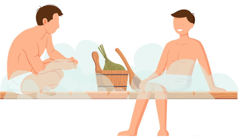Man in white towel rest on wooden bench at hot steam sauna  Illustration