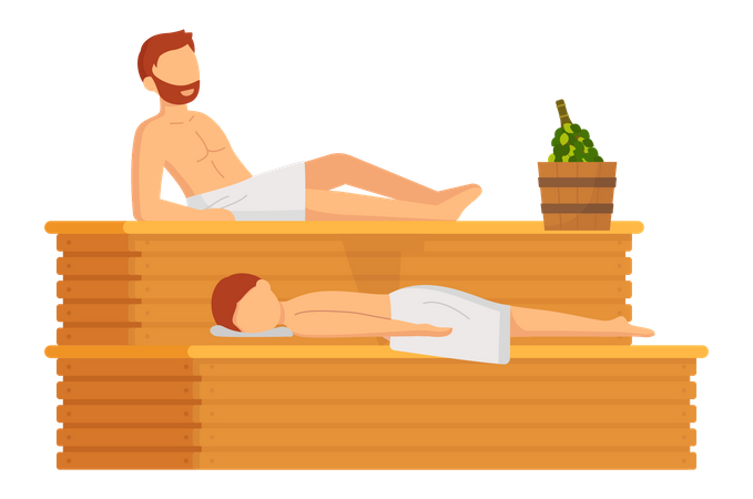 Man in white towel rest on wooden bench at hot steam sauna Illustration