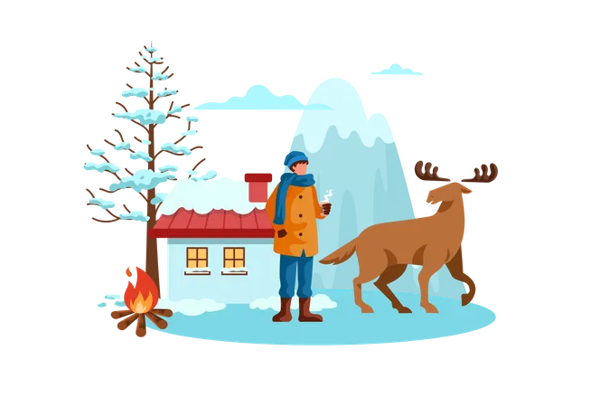 Man in winter standing near moose  Illustration