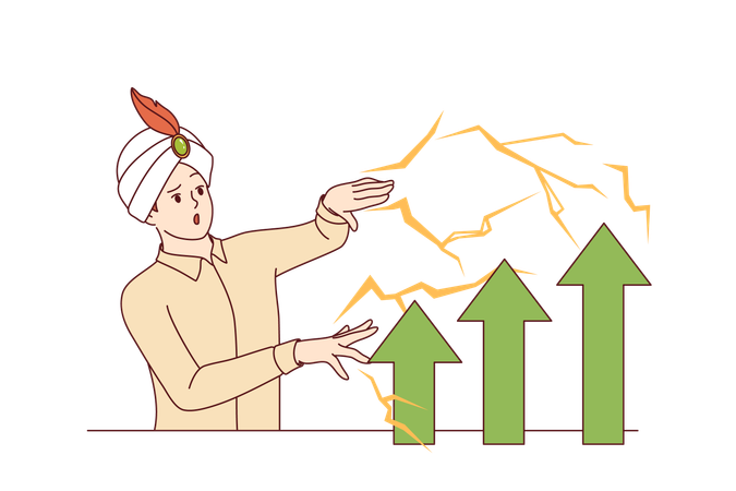 Man in wizard hat demonstrates business magic increasing financial performance using fraud  Illustration
