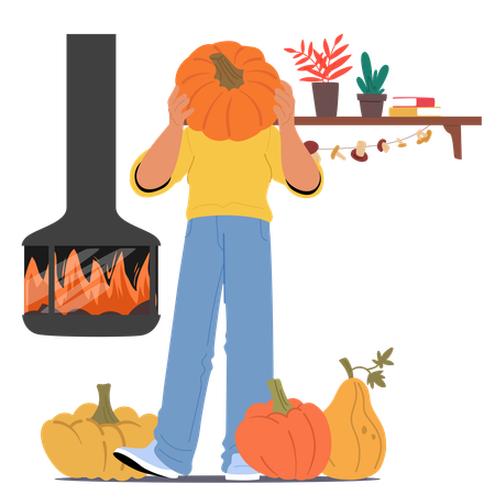 Man In Yellow Sweater Holding  Pumpkin In Front Of His Face  Illustration