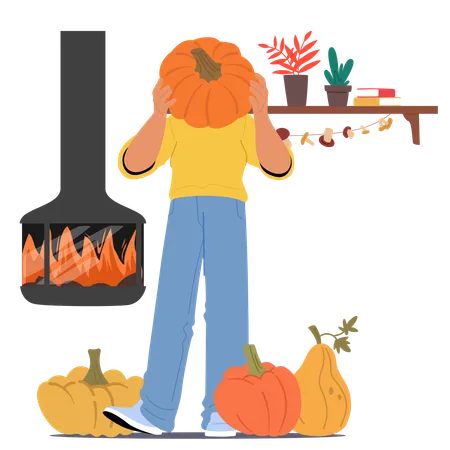 Man In Yellow Sweater Holding  Pumpkin In Front Of His Face  Illustration