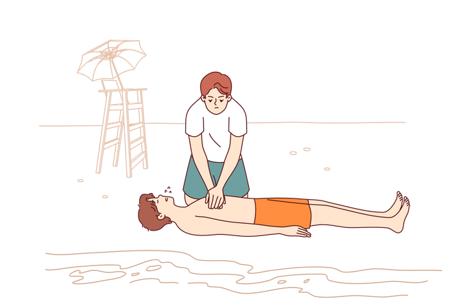 Man indirect lifeguard giving cardiac massage to drowned guy and providing first aid until 911 arrives  Illustration