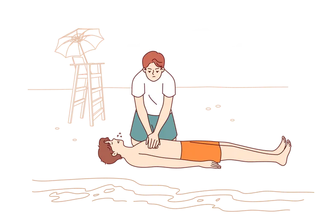 Man indirect lifeguard giving cardiac massage to drowned guy and providing first aid until 911 arrives  Illustration