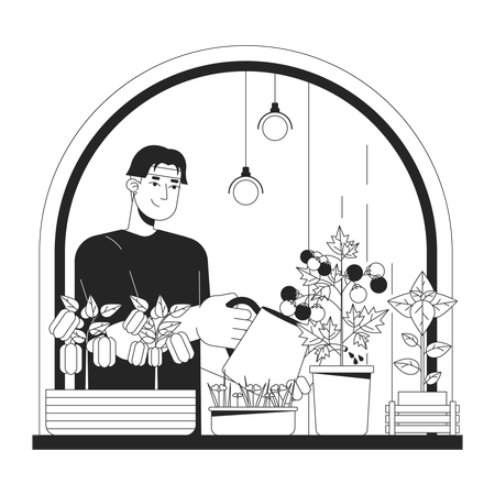 Man Indoor vegetable gardening  Illustration