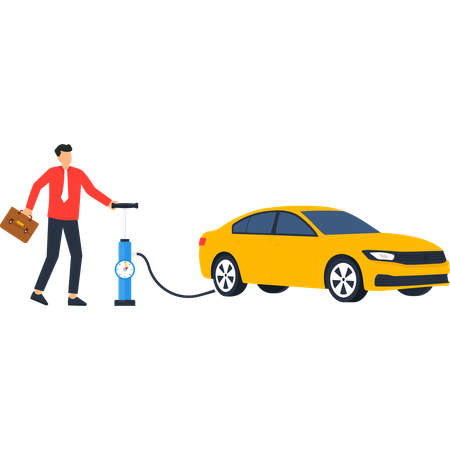 車のタイヤに空気を入れる男性  イラスト