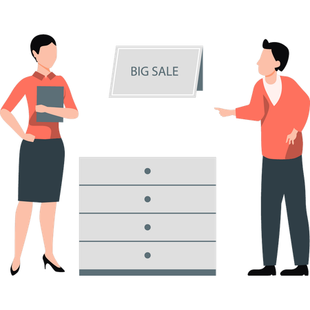 Man informing girl about big sale  Illustration